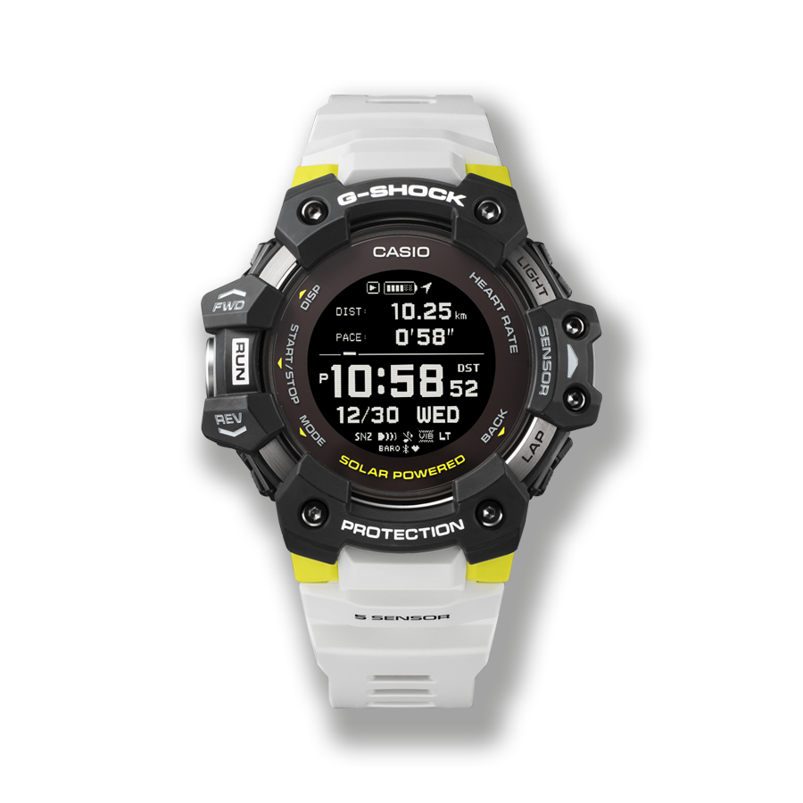 Het GBD-H1000 sporthorloge met witte kunststof band, gele details en zwarte, massieve kast en geïntegreerd digitaal display.