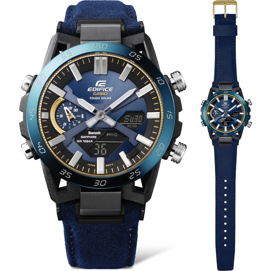 Het EDIFICE-polshorloge “ECB-2000SS-2A” uit de Sky and Sea-serie met blauwe stoffen band en rond, analoog tijddisplay.