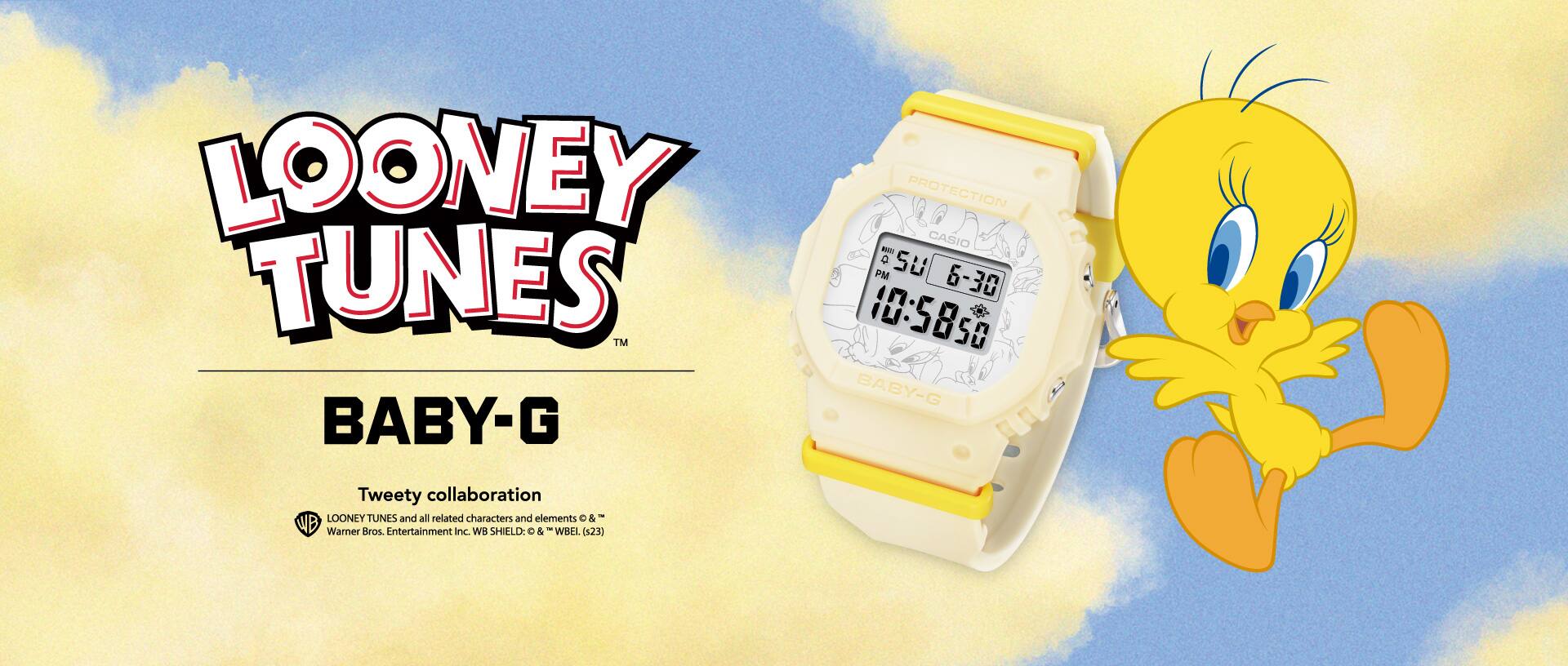 Het Baby-G BGD-565-TW samenwerkingshorloge in lichtgeel naast de afbeelding van Tweety en het Looney Tunes-logo.