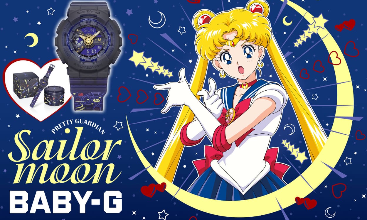 Het zwarte, digitale Baby-G BA-110XSM-2A-samenwerkingshorloge naast de afbeelding van Sailormoon.