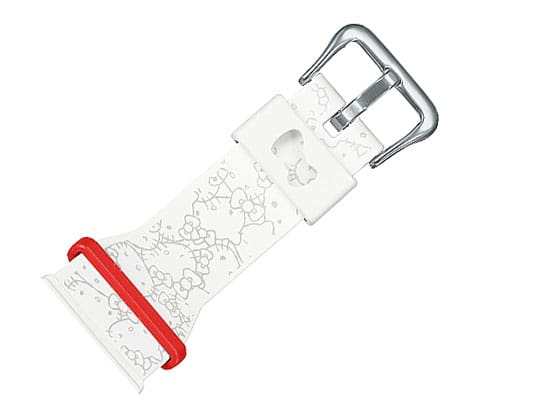 De witte horlogeband van het Hello Kitty-collaboratiehorloge met grijze contouren van het figuurtje.