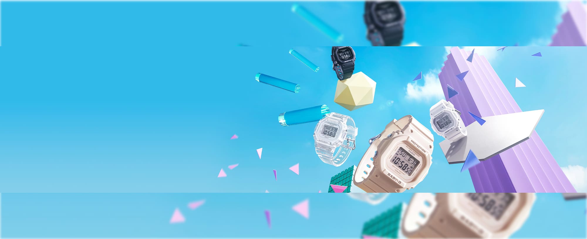 Vier Baby-G modellen die door het beeld vliegen, geometrische vormen links en rechts van de horloges