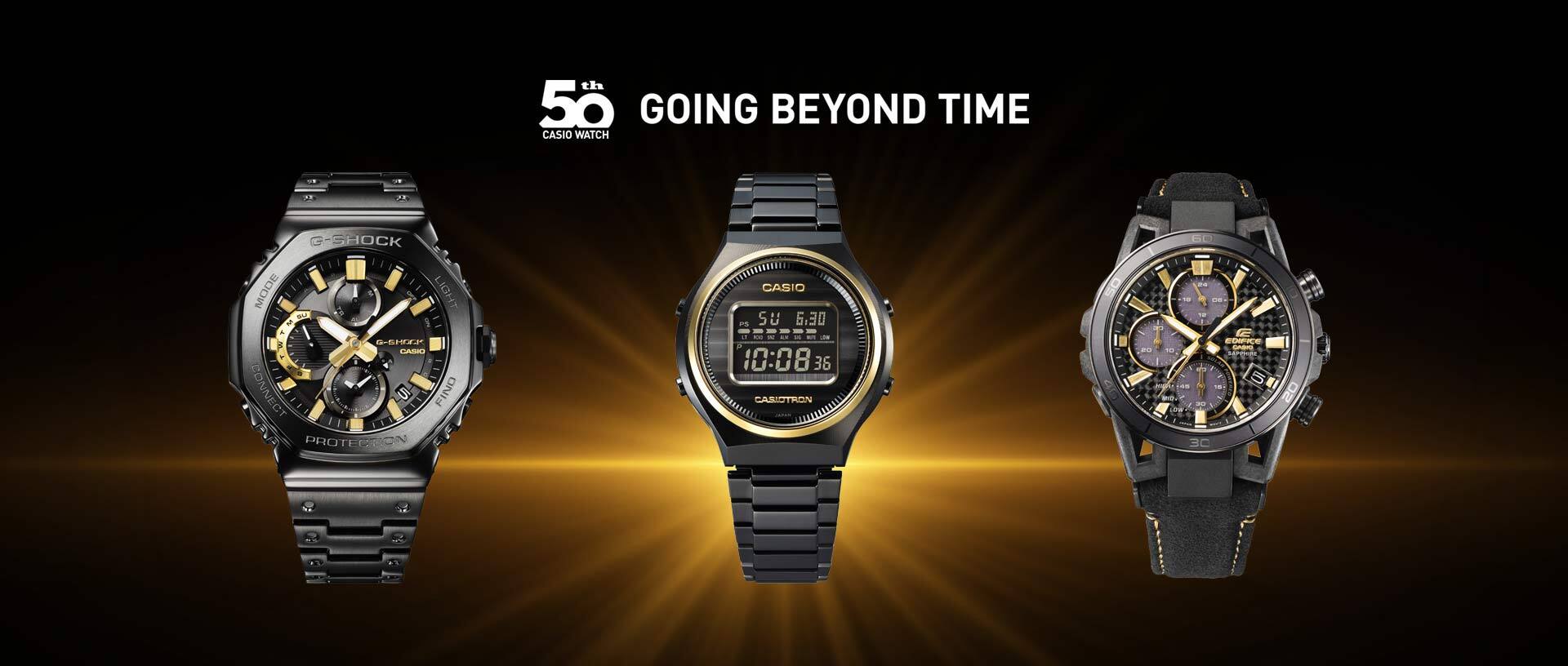 Dri Modellen CASIO horloge voor 50-Jarig jubileum: G-SHOCK, CASIOTRON, EDIFICE