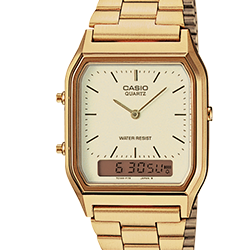 Casio polshorloge AQ-230 in goud: het eerste polshorloge met gecombineerde digitaal-analoge weergave