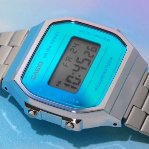 Casio Vintage A168WEM-2 in zilver met turkoois scherm