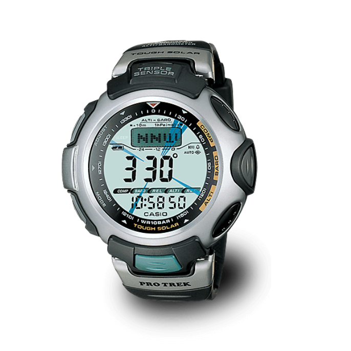 Het compacte PRO TREK-model “PRG-50” in zilver met afgeronde kast en groene details.