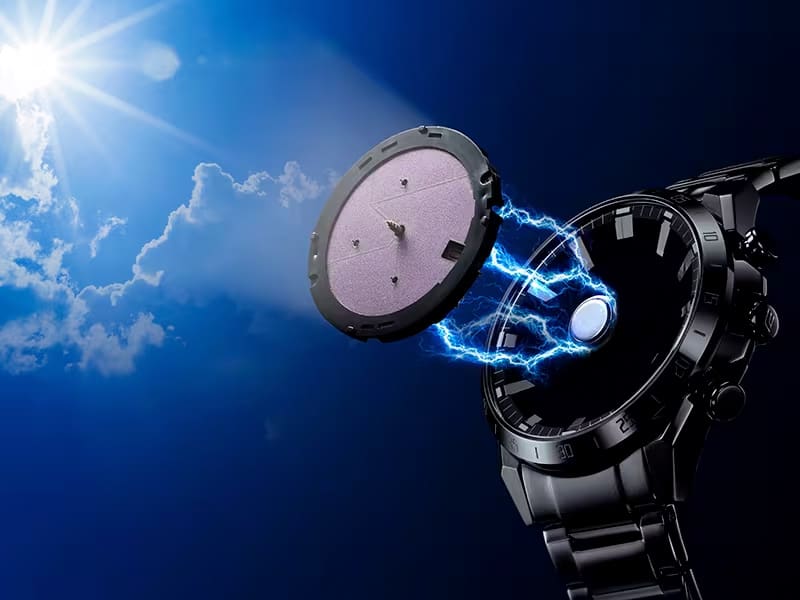 Afbeelding van een zwarte klok in het zonlicht, waarbij de verbinding tussen de batterij en het zonnepaneel wordt gesymboliseerd door lichtflitsen.