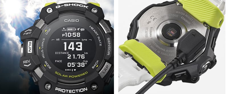 Aan de linkerkant zie je de wijzerplaat van een stoer G-SHOCK-horloge in de zon. Rechts zie je de achterkant van het horloge met de USB-kabel eraan.