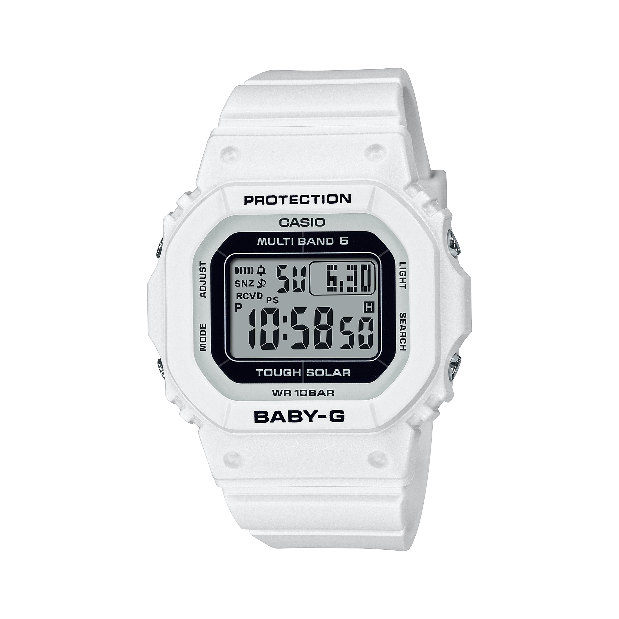 De Casio radiografisch gestuurde horloge BGD-5650-7 in wit met digitaal display