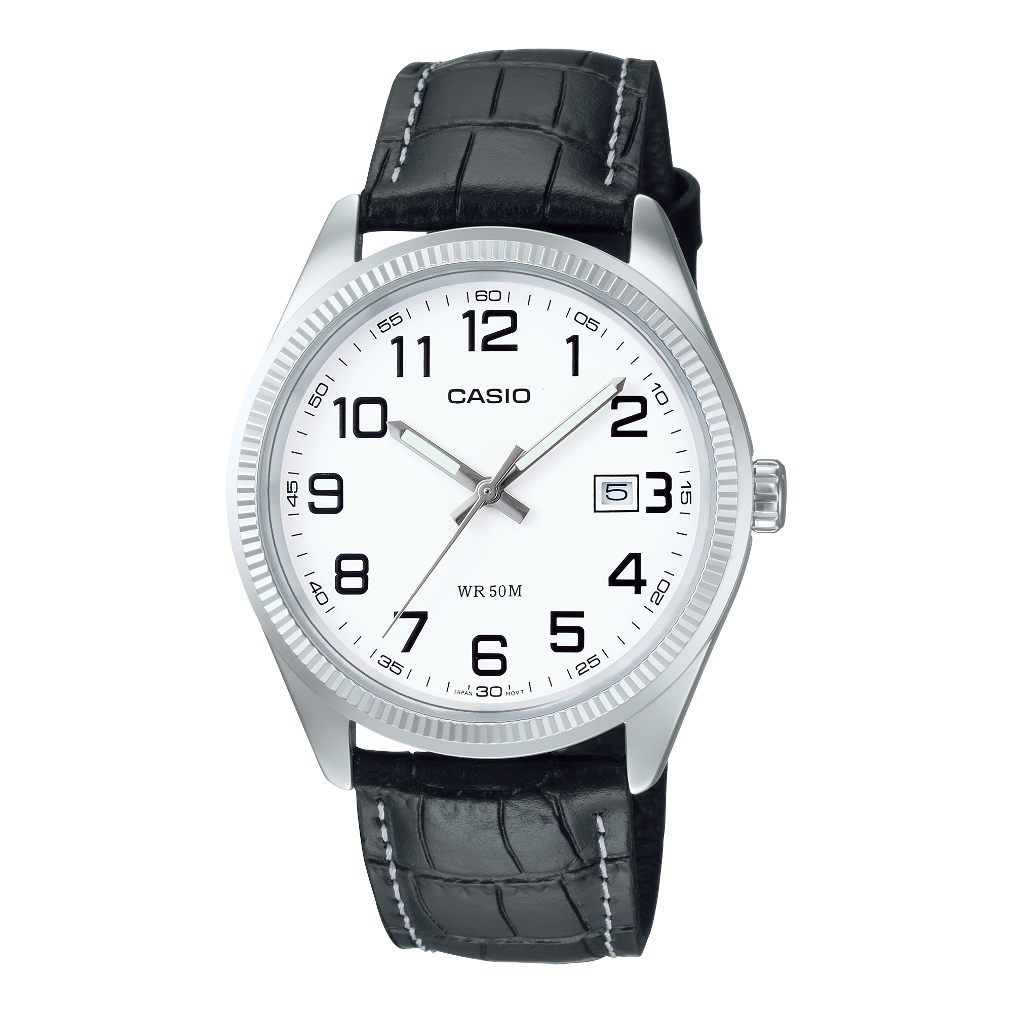 De Casio dresswatch MTP-1302PL-7BV met witte wijzerplaat en zwarte leren band