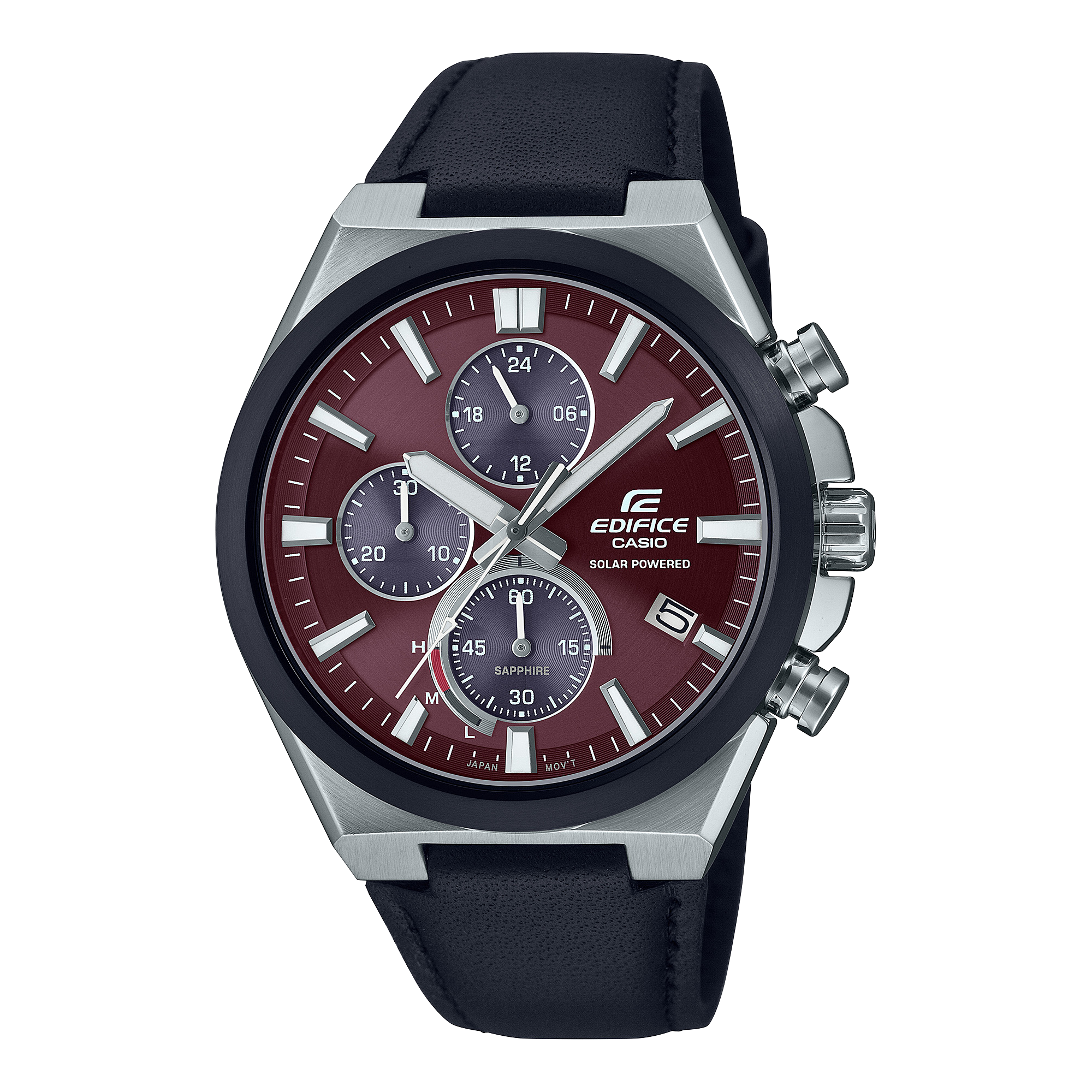 De EFS-S630BL-5AV chronograaf met zwarte leren band, zilverkleurige roestvrijstalen kast, zwarte lunette en wijnrode wijzerplaat
