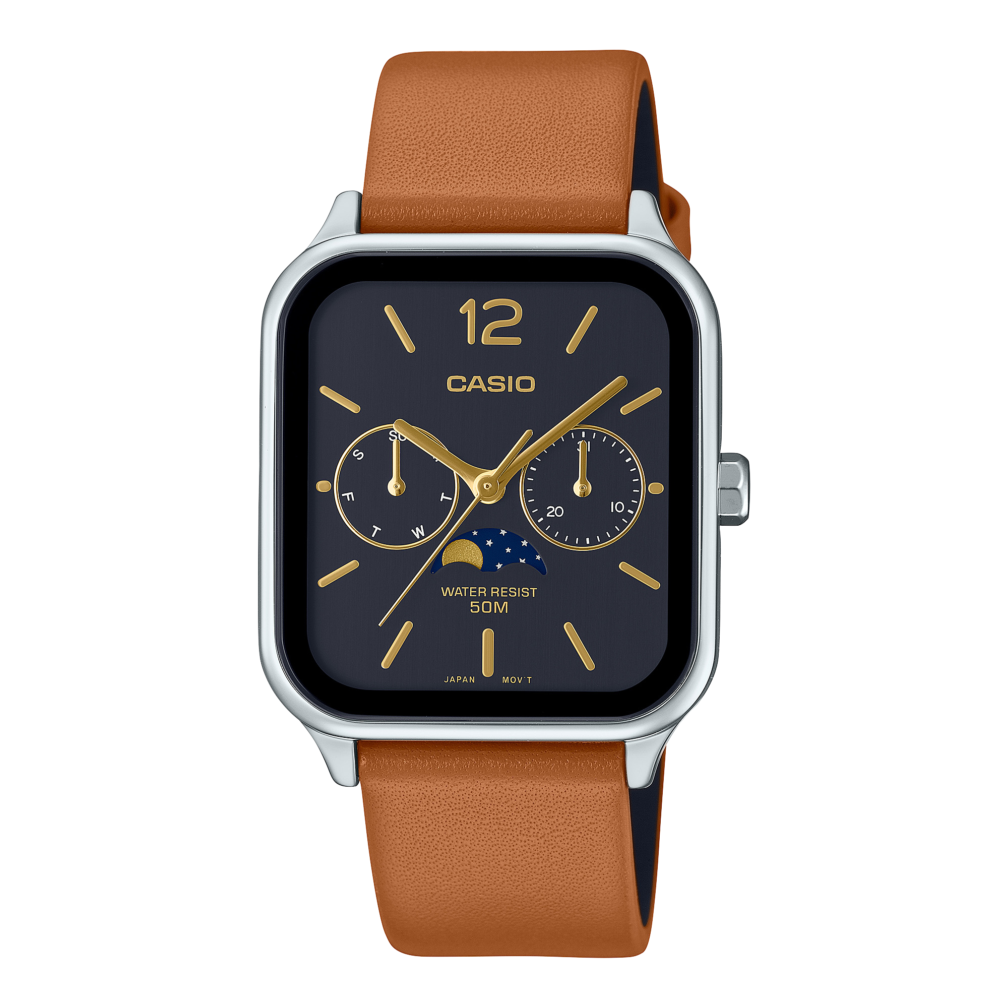 De vierkante MTP-M305L-1AV chronograaf met een lichtbruine leren band, zilverkleurige kast en zwarte wijzerplaat
