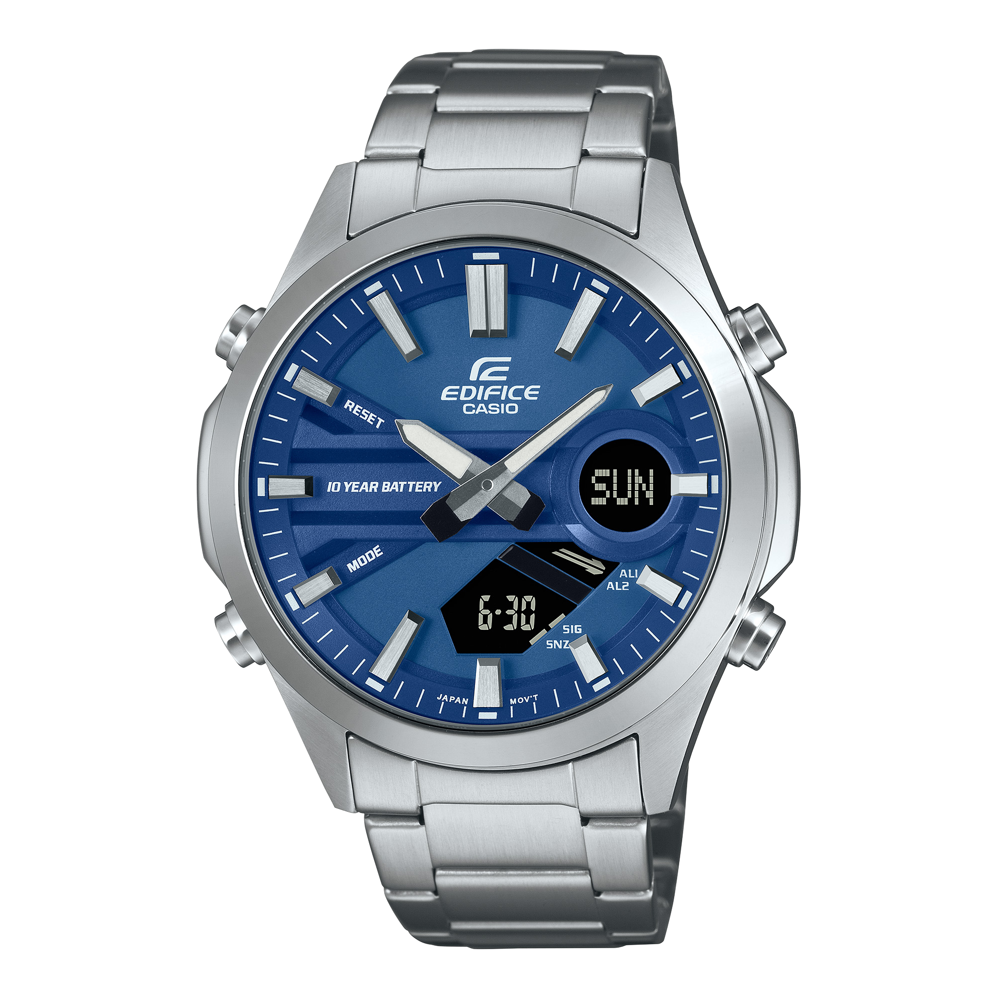 De analoog-digitale EFV-C120D-2A van Casio Edifice met blauwe wijzerplaat en zilveren roestvrijstalen armband