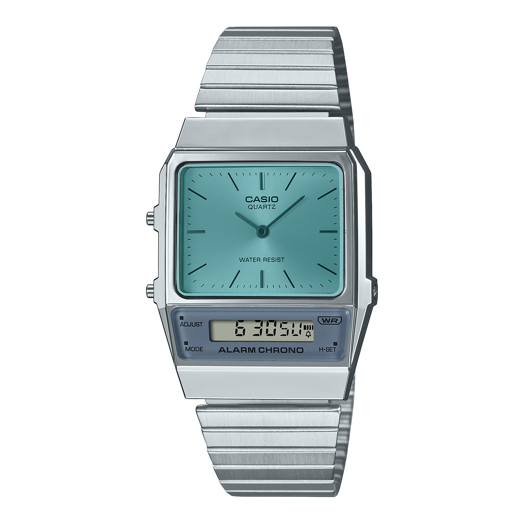 Het AQ-800EC-2A hybride horloge uit de Edgy Collection van de Casio Vintage Collection met een blauwe wijzerplaat en zilveren roestvrijstalen horlogeband