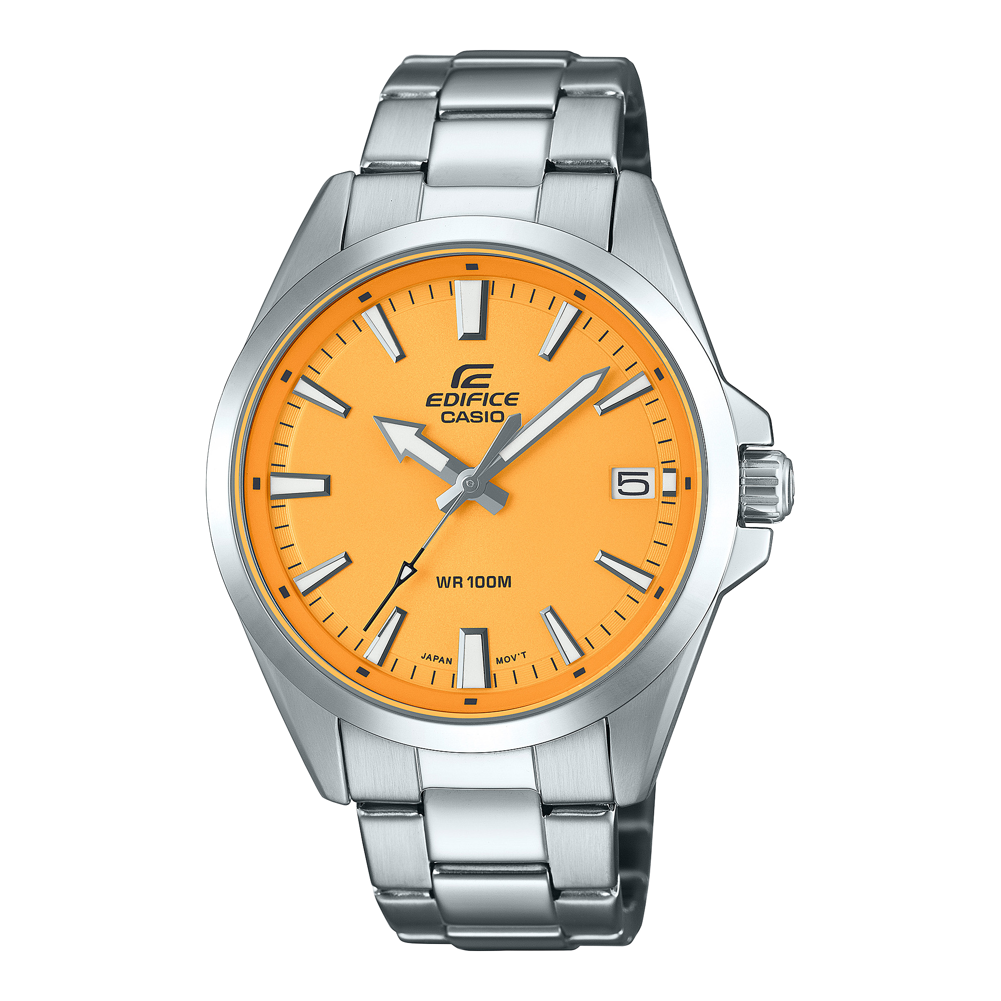 Het analoge EFV-100D-9AV polshorloge uit de Casio Edifice serie, met een oranje wijzerplaat en zilverkleurige roestvrijstalen band.