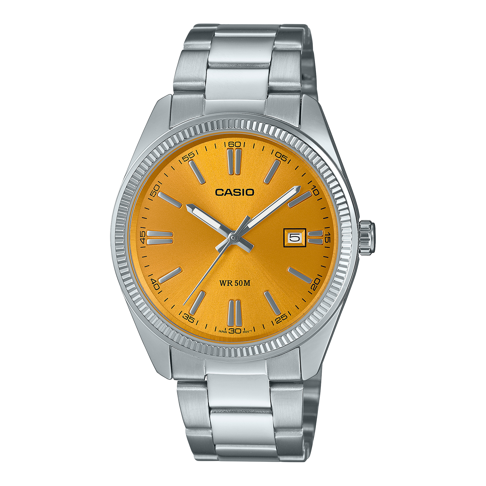 Het MTP-1302PD-9AV polshorloge uit de Casio Timeless Collection met oranjekleurige wijzerplaat en zilverkleurige roestvrijstalen band