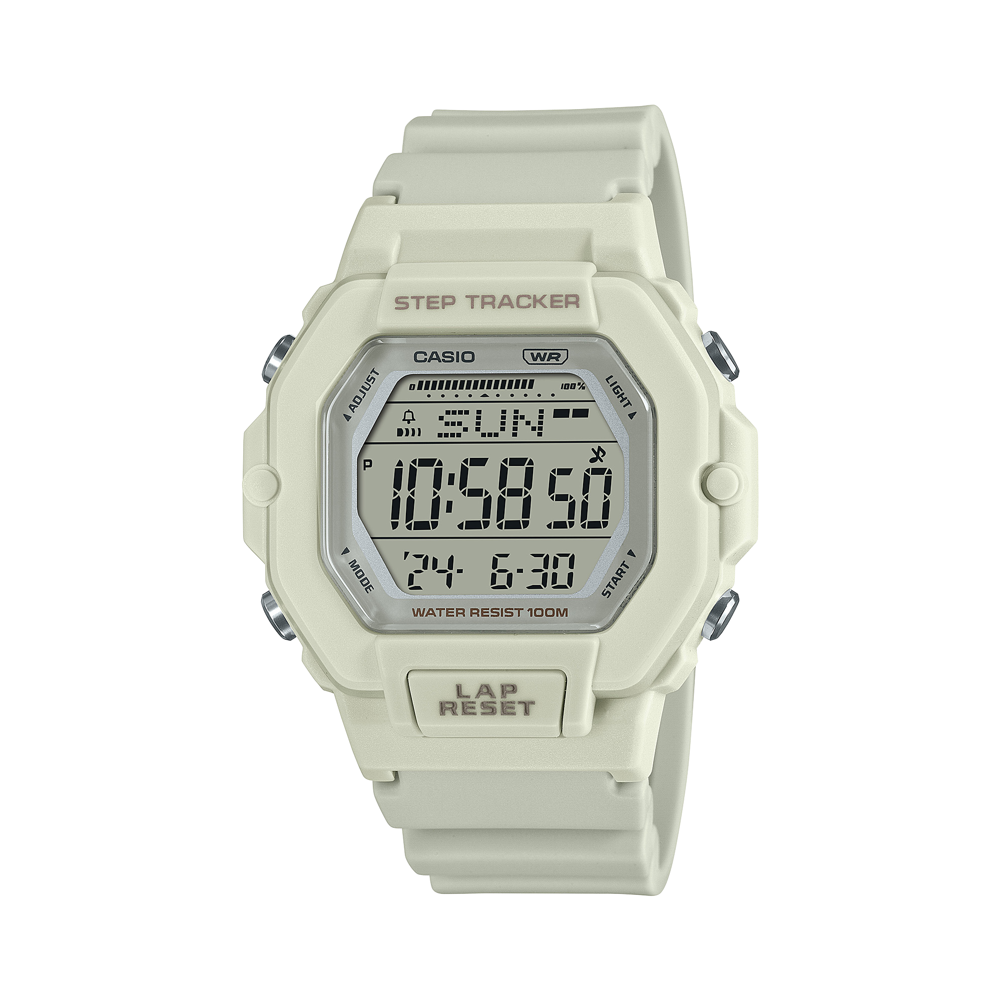De witte LWS-2200H is een indrukwekkend digitaal horloge met een stappentelfunctie