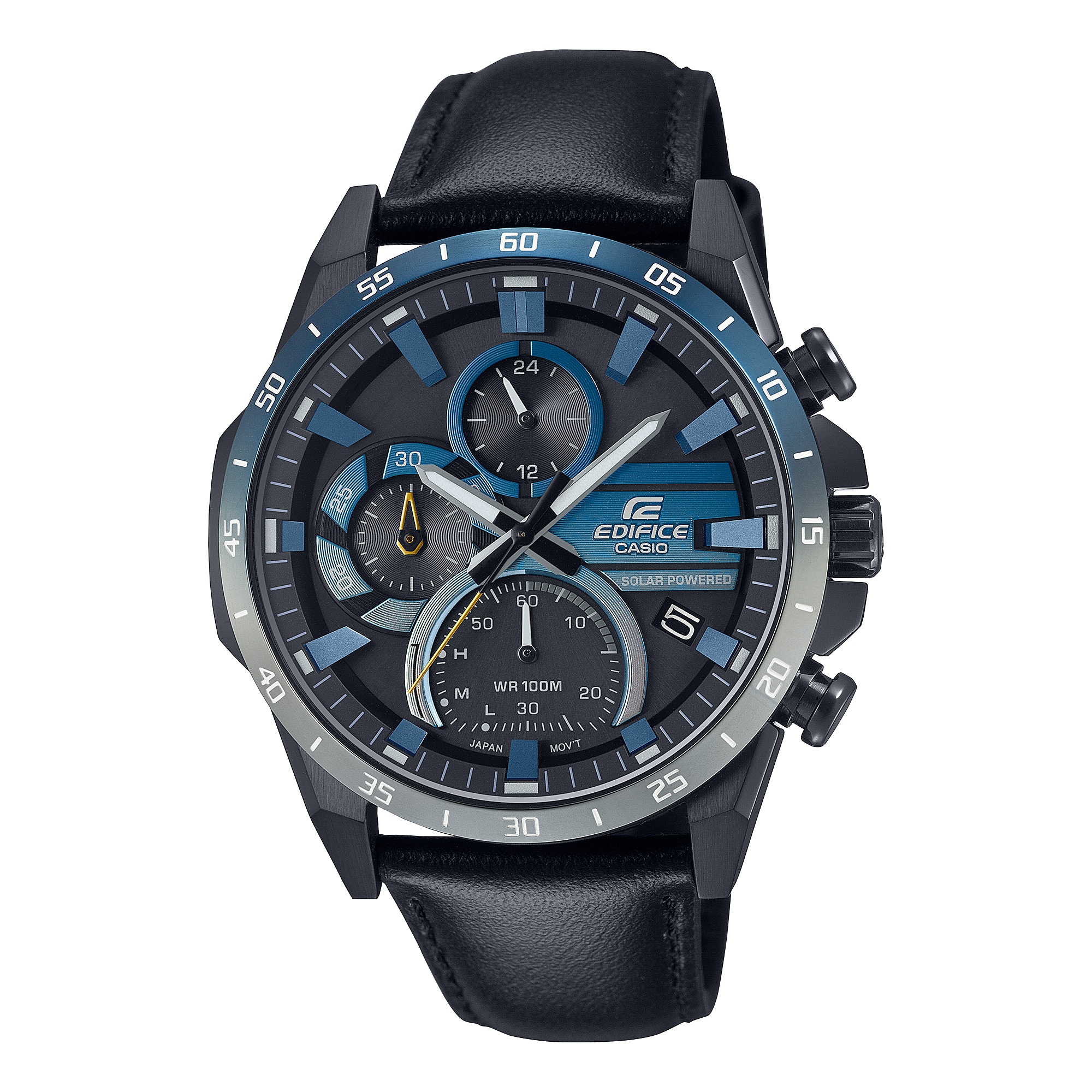 De EQS-940NL-1AV chronograaf op zonne-energie uit de Casio Edifice serie, met een diepblauwe wijzerplaat en zilveren accenten.