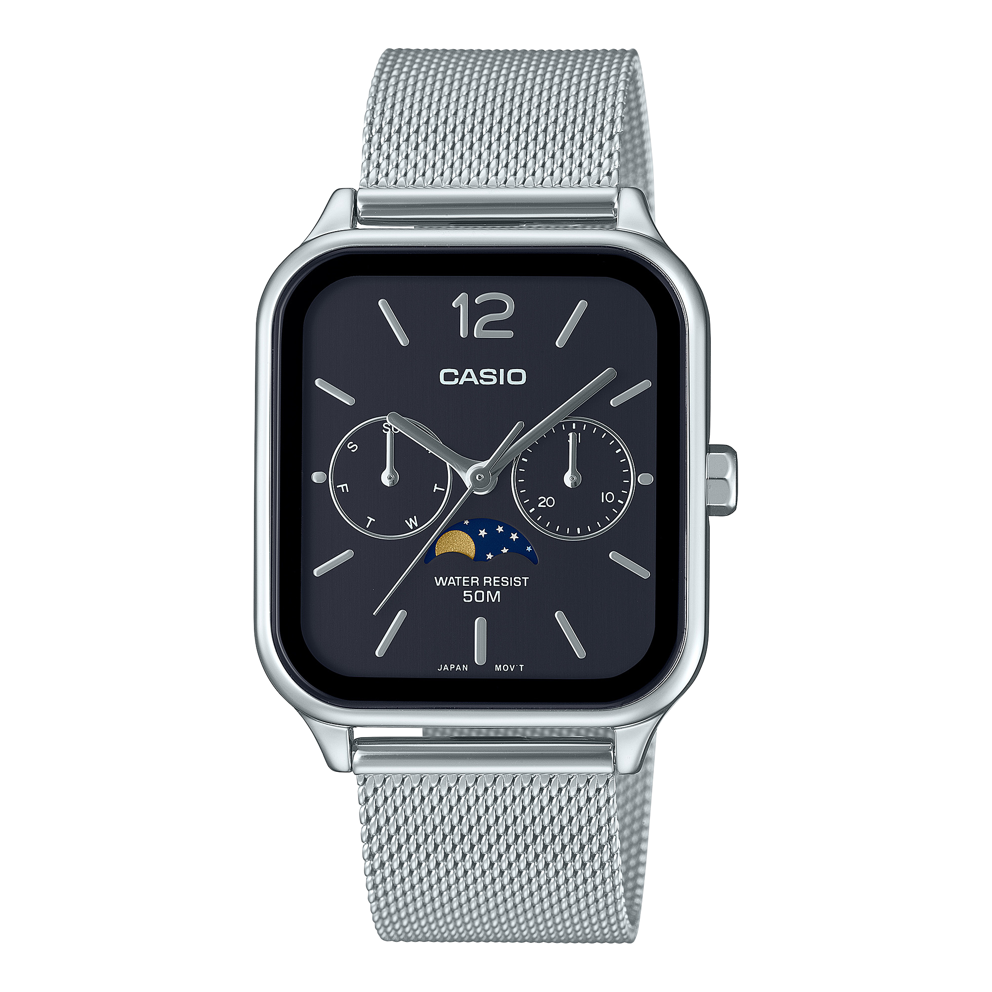 De zilverkleurige Casio Timeless Collection model MTP-M305M-1AV met mesh band van roestvrij staal