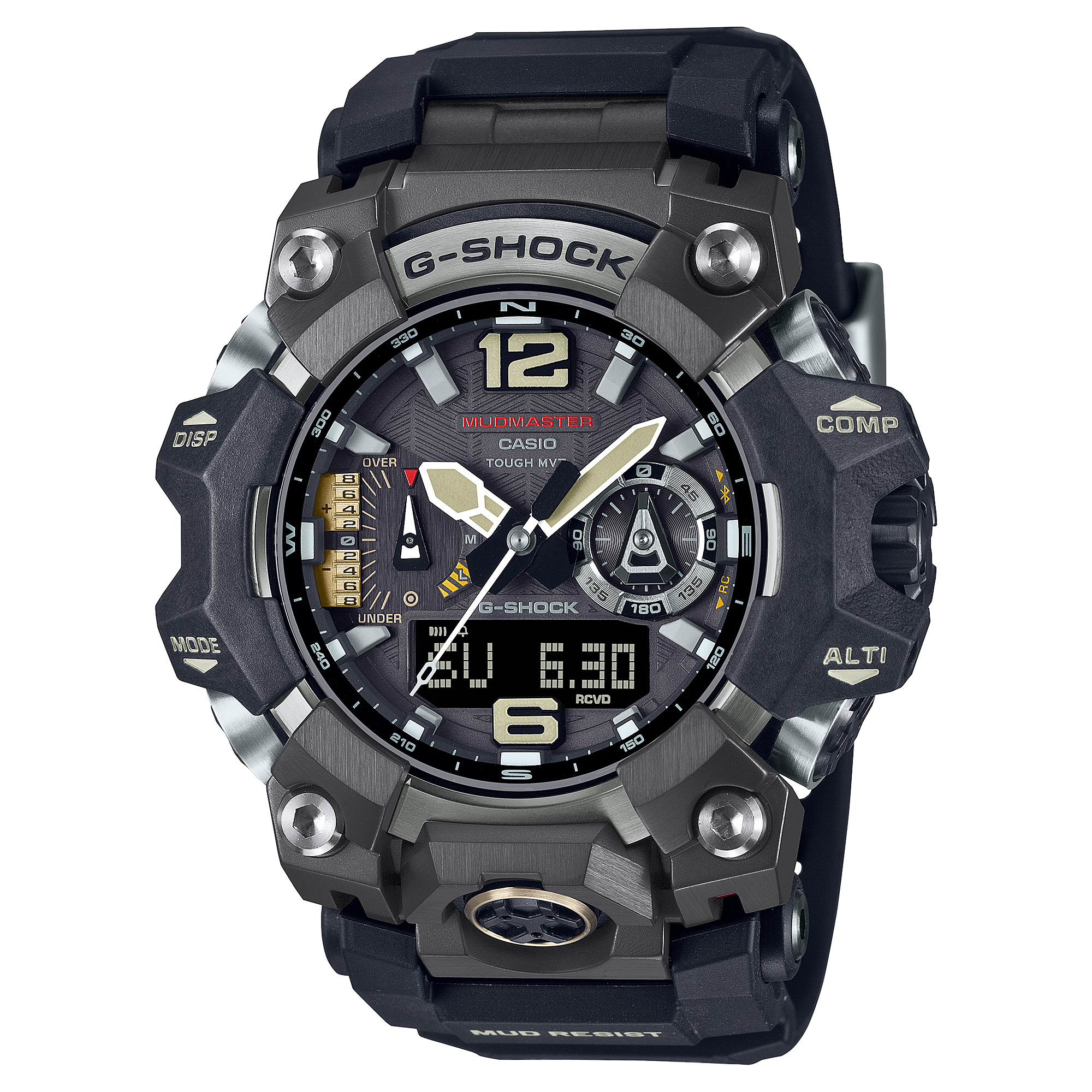 Het zwarte G-Shock Mudmaster GWG-B1000-1A outdoorhorloge met digitaal-analoge wijzerplaat