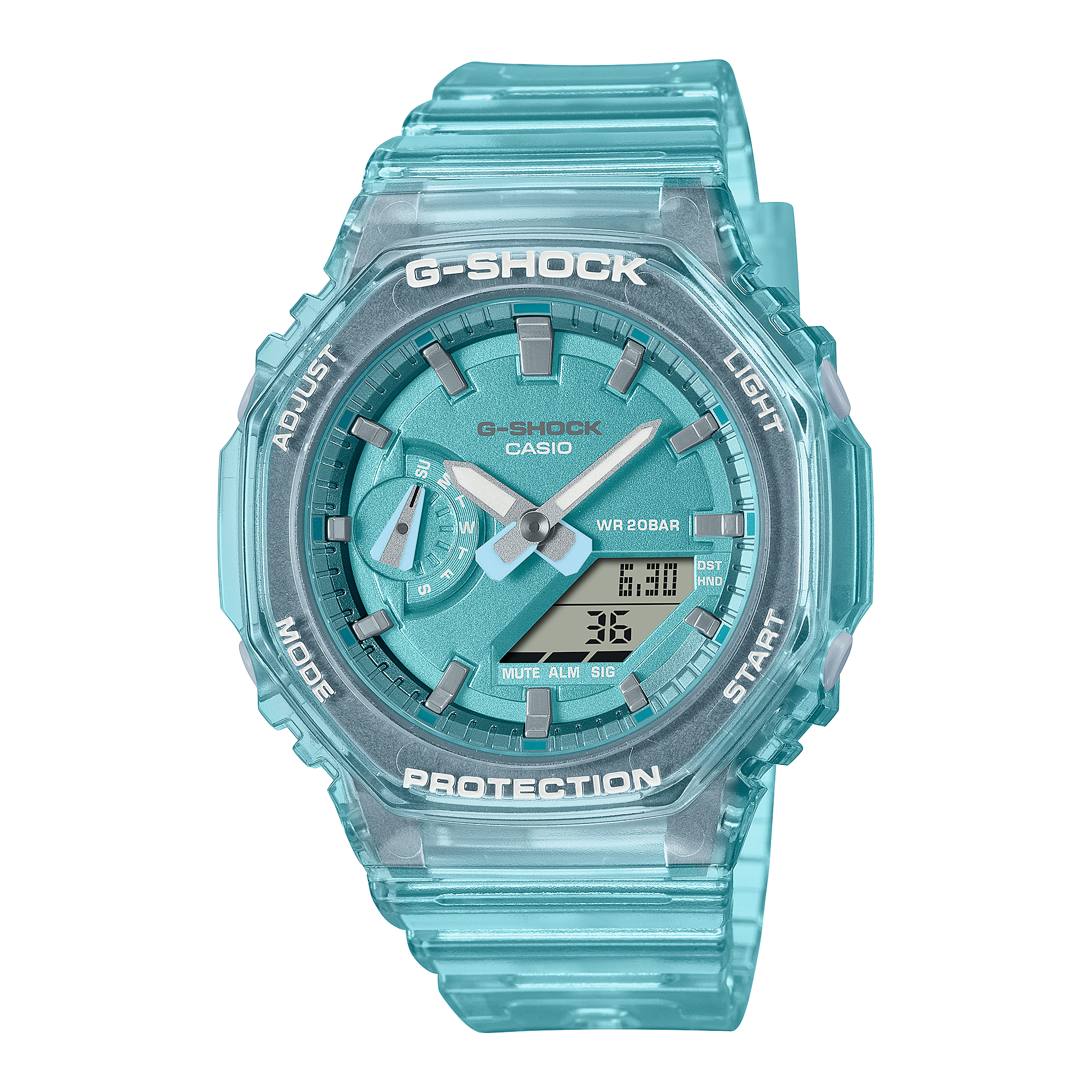 Het turkooisblauwe hybride horloge GMA-S2100SK-2A van Casio G-Shock met blauw-transparante armband