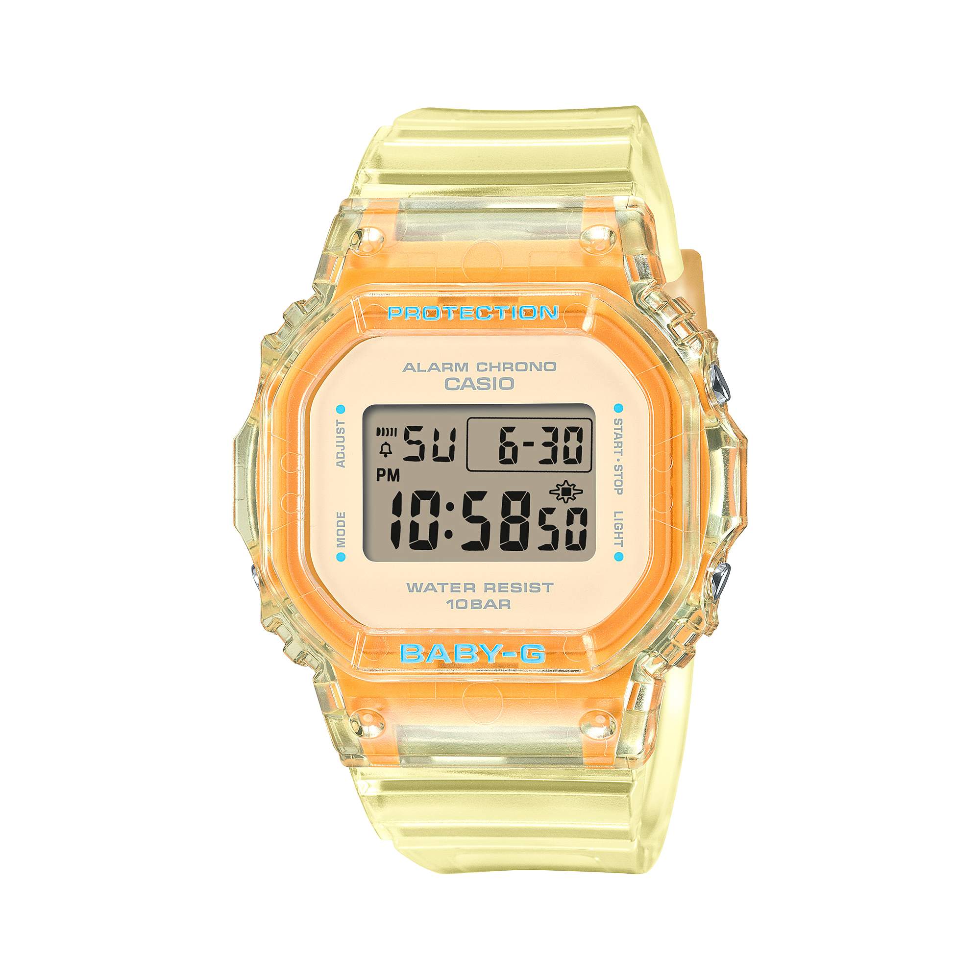 Het digitale horloge BGD-565SJ-9 van Baby-G met transparante gele armband en displayframe in feloranje