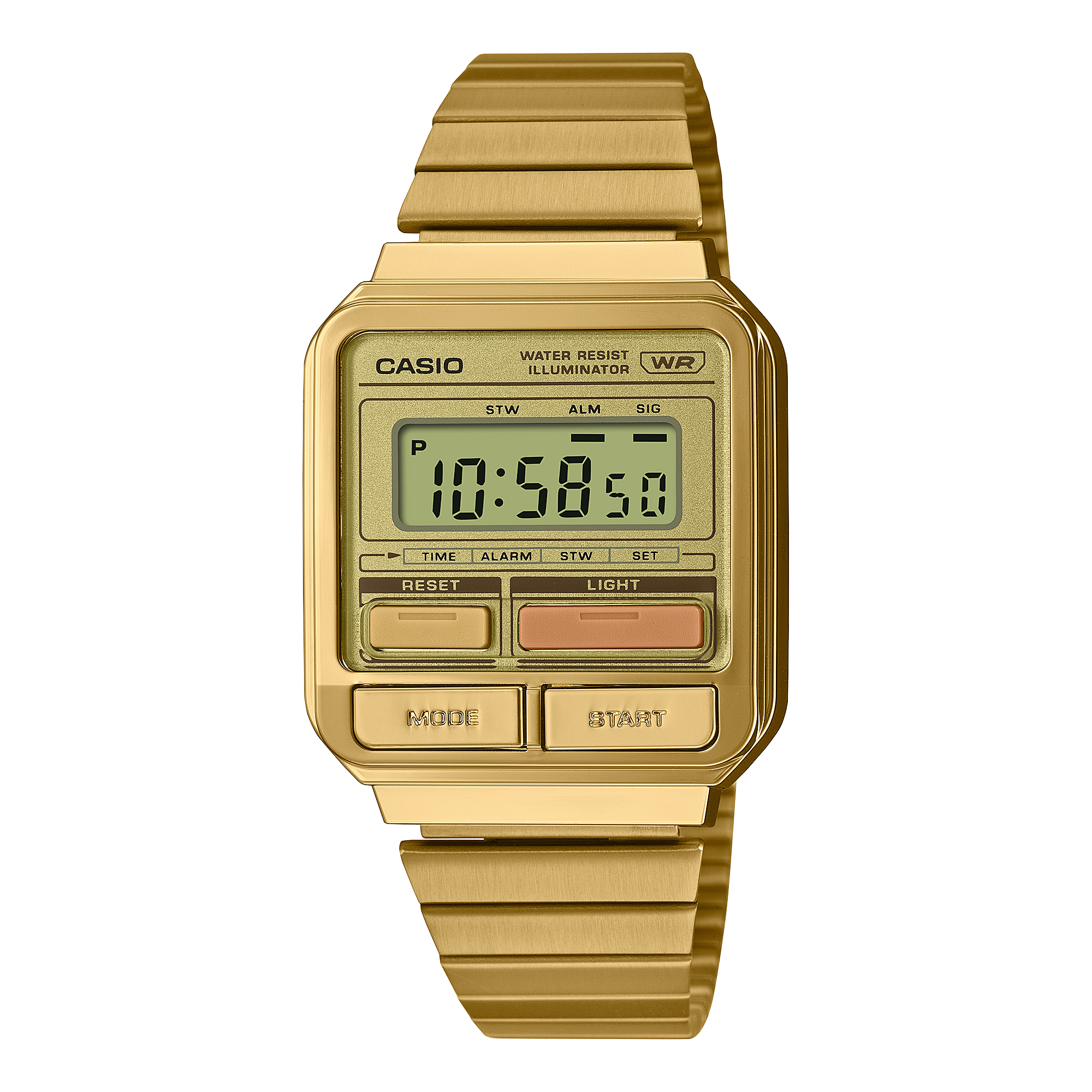 Het A120WEG-9A digitale horloge uit de CASIO VINTAGE COLLECTIE in retro gadgetstijl met een goudkleurige roestvrijstalen armband.