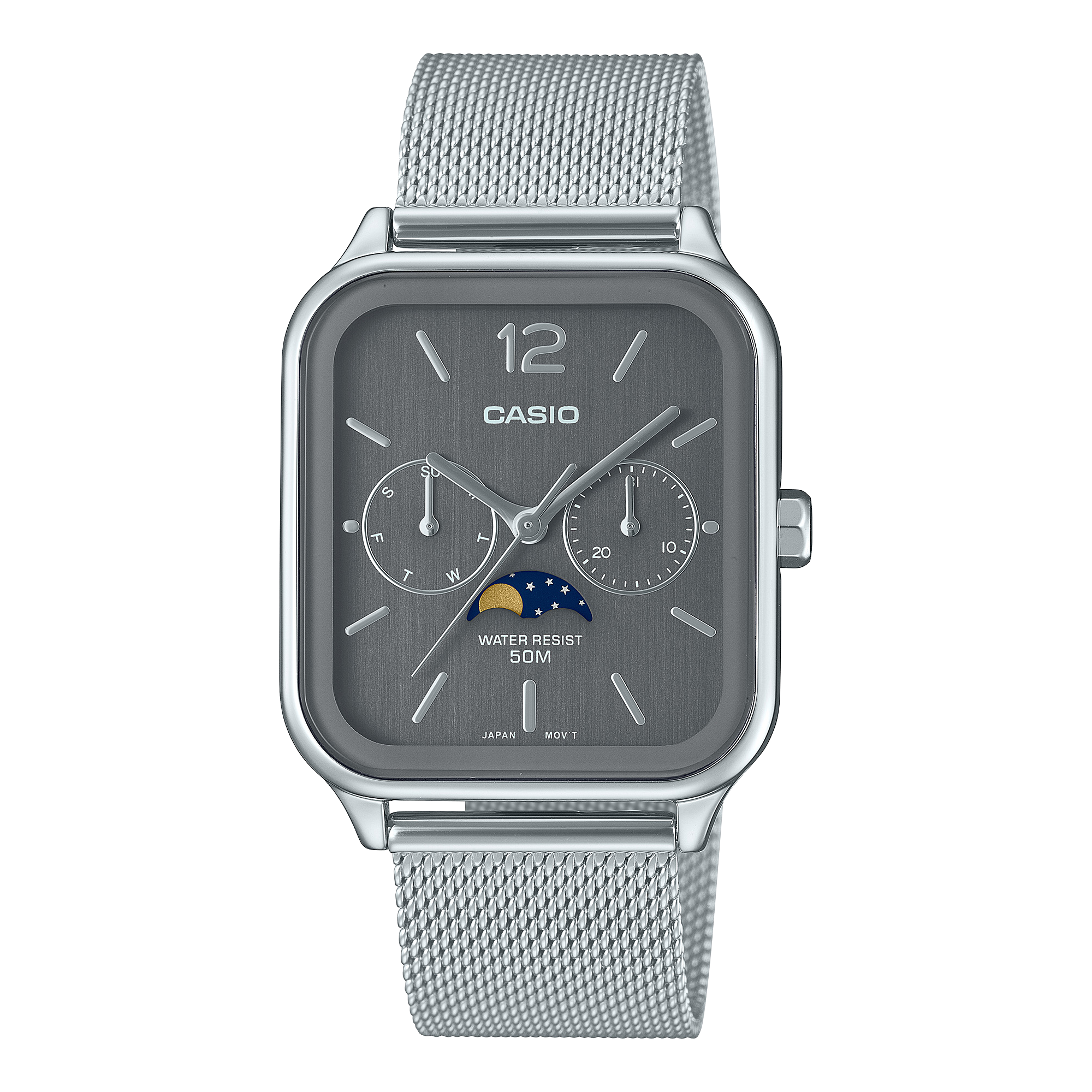 Het vierkante analoge MTP-M305M-8AV horloge met zilverkleurige roestvrijstalen horlogeband en grijze wijzerplaat