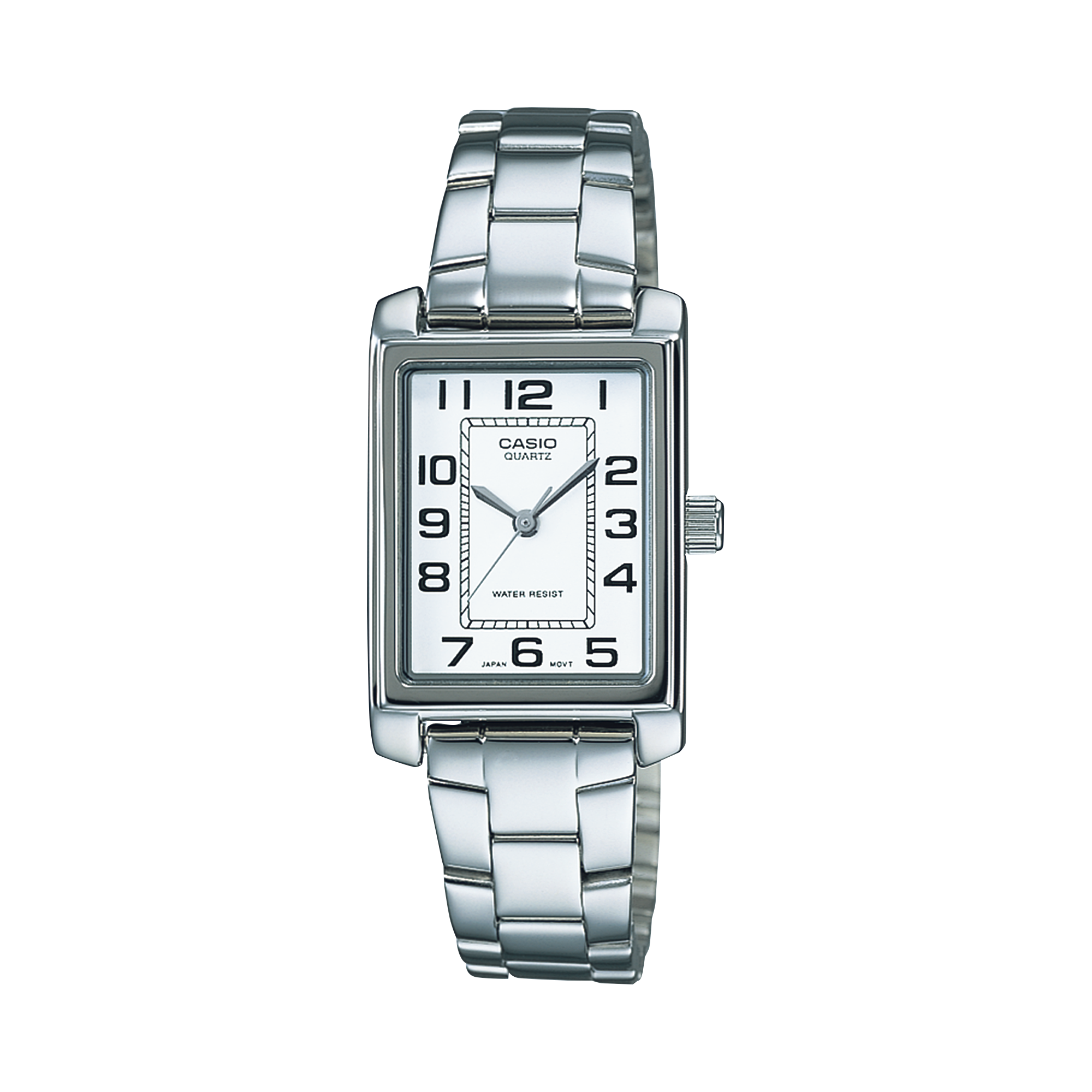 Het analoge polshorloge LTP-1234PD-7B met zilveren roestvrijstalen armband en witte wijzerplaat