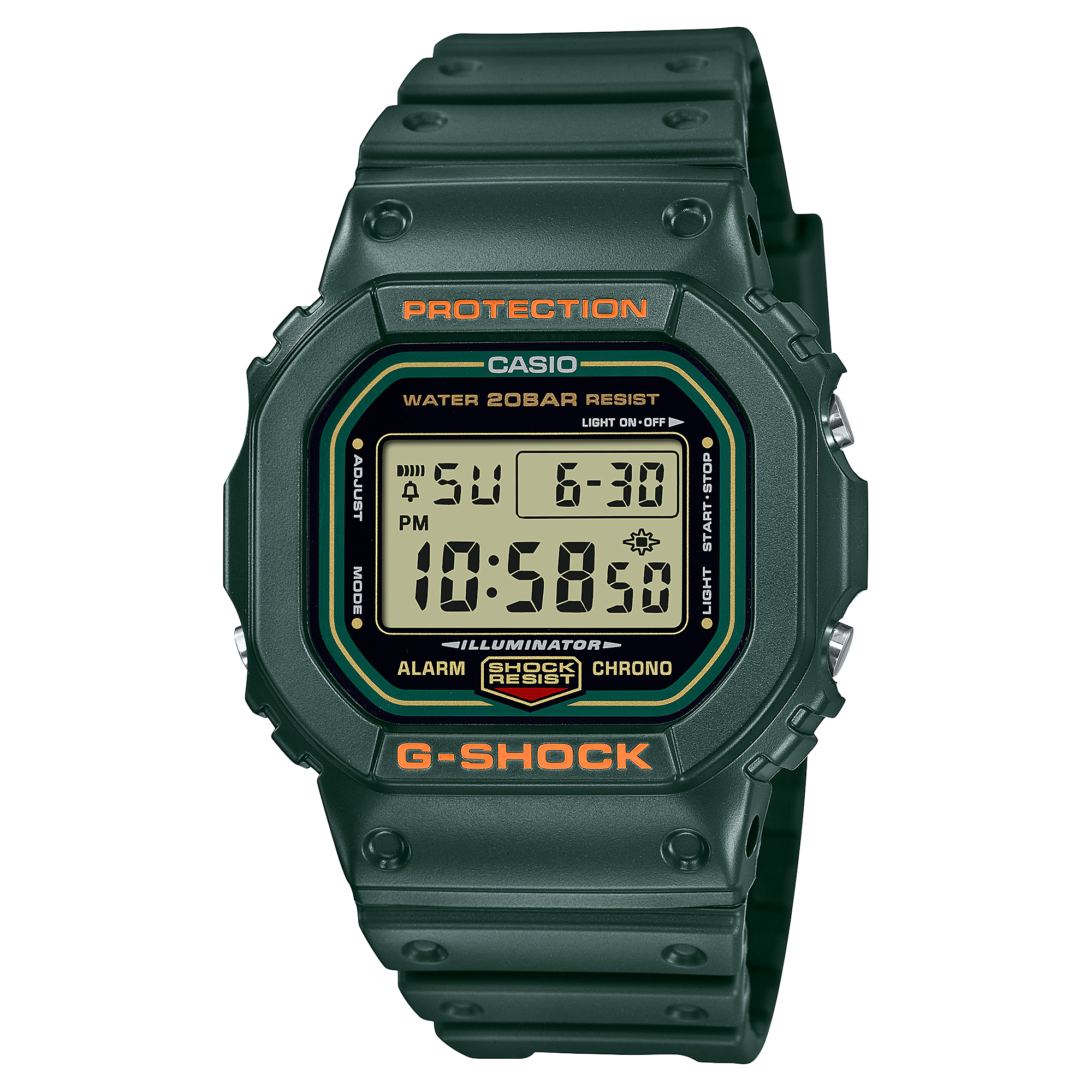 De casual CASIO G-SHOCK DW-5600RB-3 met donkergroene harsband en oranjekleurige accenten