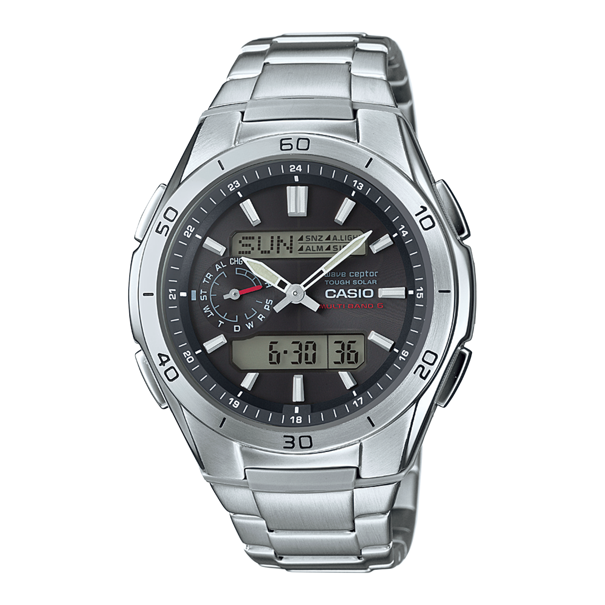 Het zilveren WVA-M650D-1A hybride horloge van titanium met donkere wijzerplaat