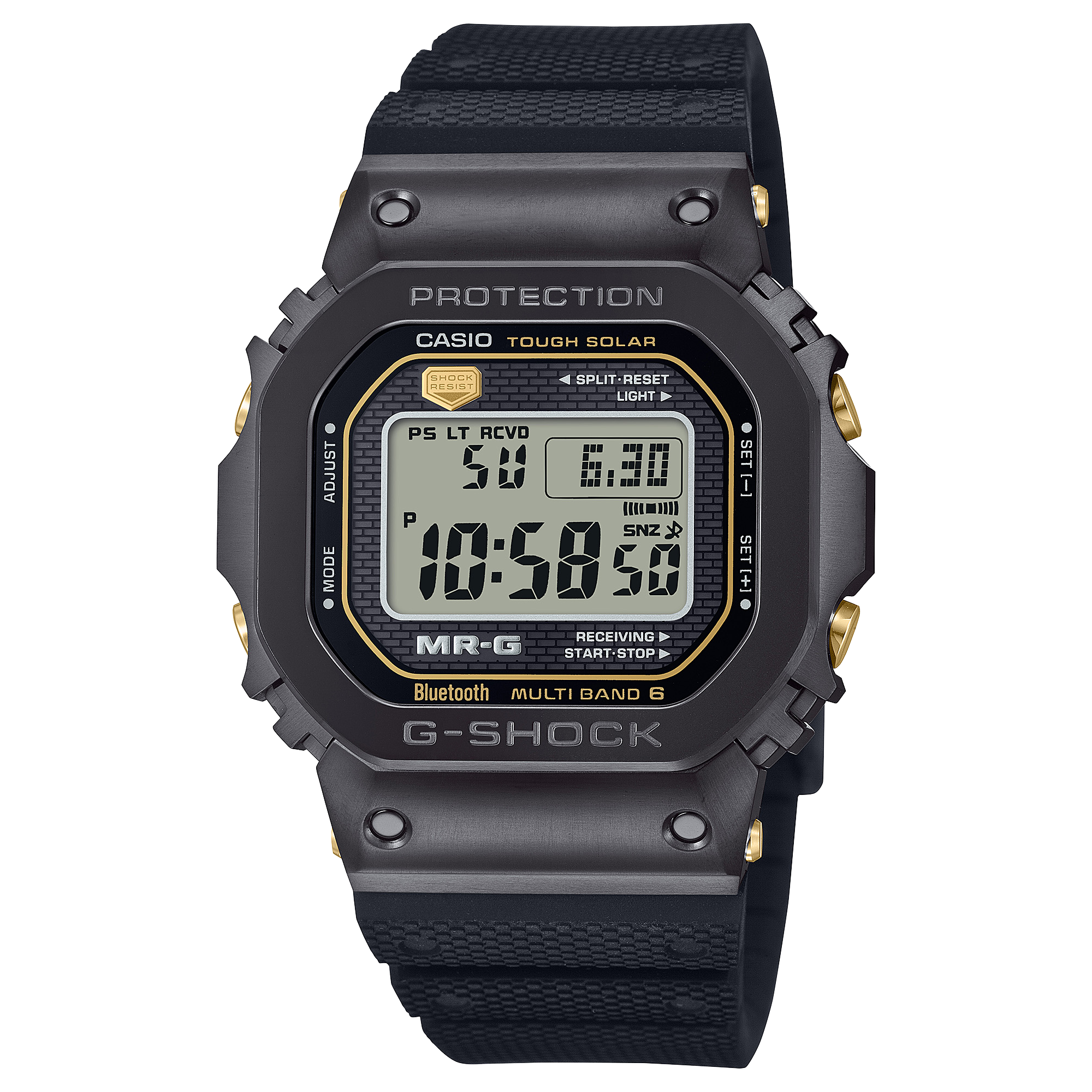 Het donkere MRG-B5000R-1 digitale horloge van titanium met gouden accenten