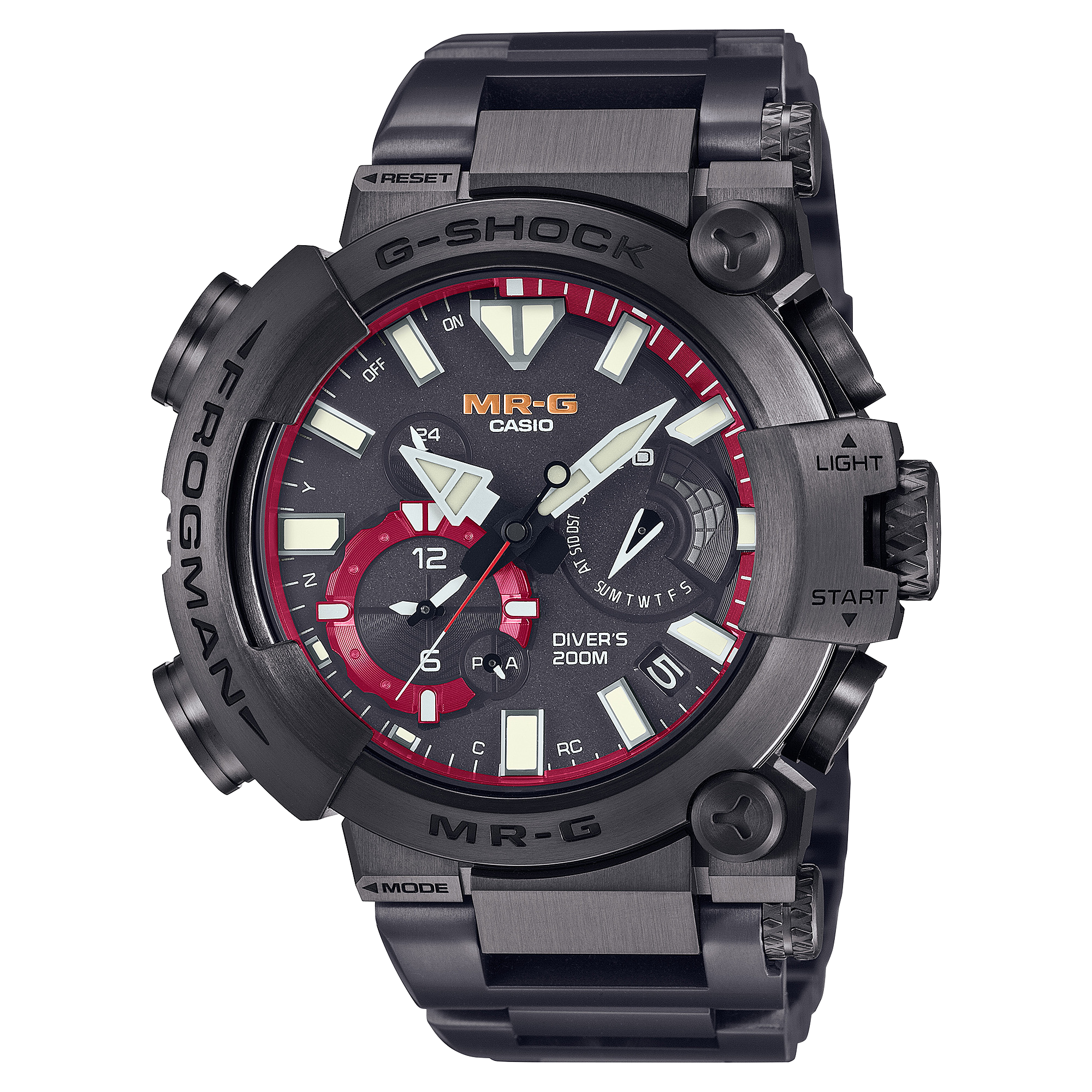 De zwarte MRG-BF1000B-1A duikershorloge van titanium met rode accenten