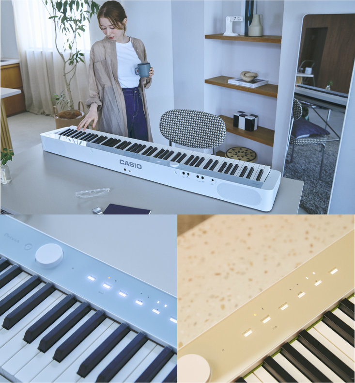 Images of a person stanging by a piano and the color design details in close-up