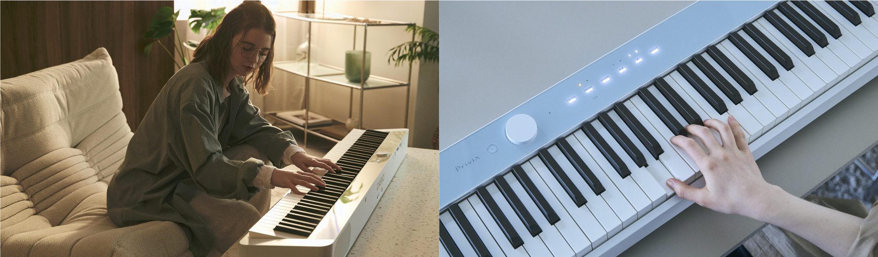 An image of a person playing the piano on low table, and an image of a hand on the piano