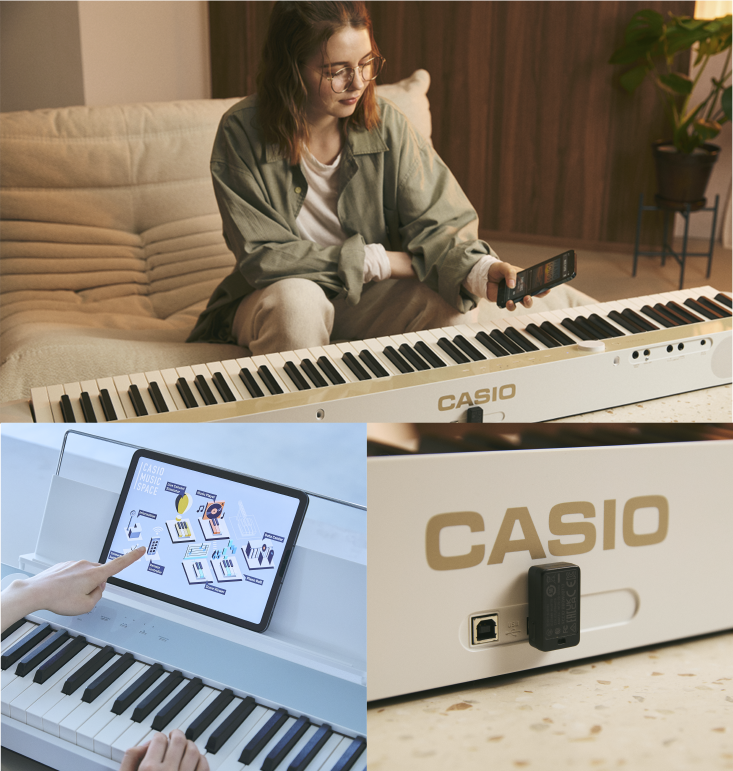 A collage of an image of a person connecting their smartphone to the piano, the tablet displaying the CASIO MUSIC SPACE app on a piano, and the wireless adapter set on a piano.