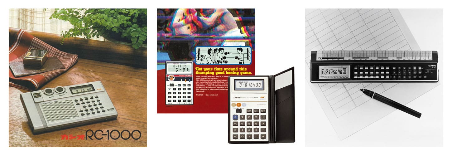 Colagem de três imagens mostrando diferentes inovações em calculadoras CASIO: a MQ-1, que pode ser usada no pescoço com uma corrente, a QL-10 cinza-prateada, que tem um isqueiro integrado, e a pequena calculadora cinza ML-90, que pode tocar melodias