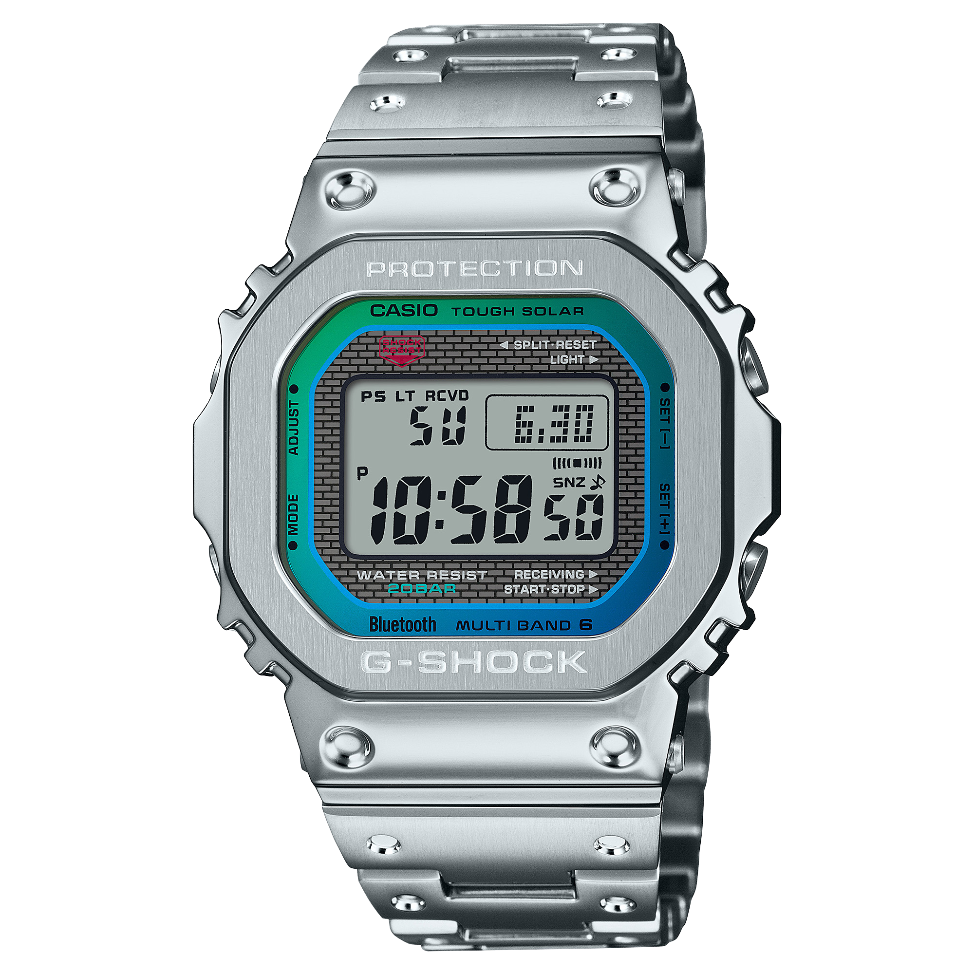 Relógio G-Shock GMW-B5000PC com bracelete prateada e luneta quadrada