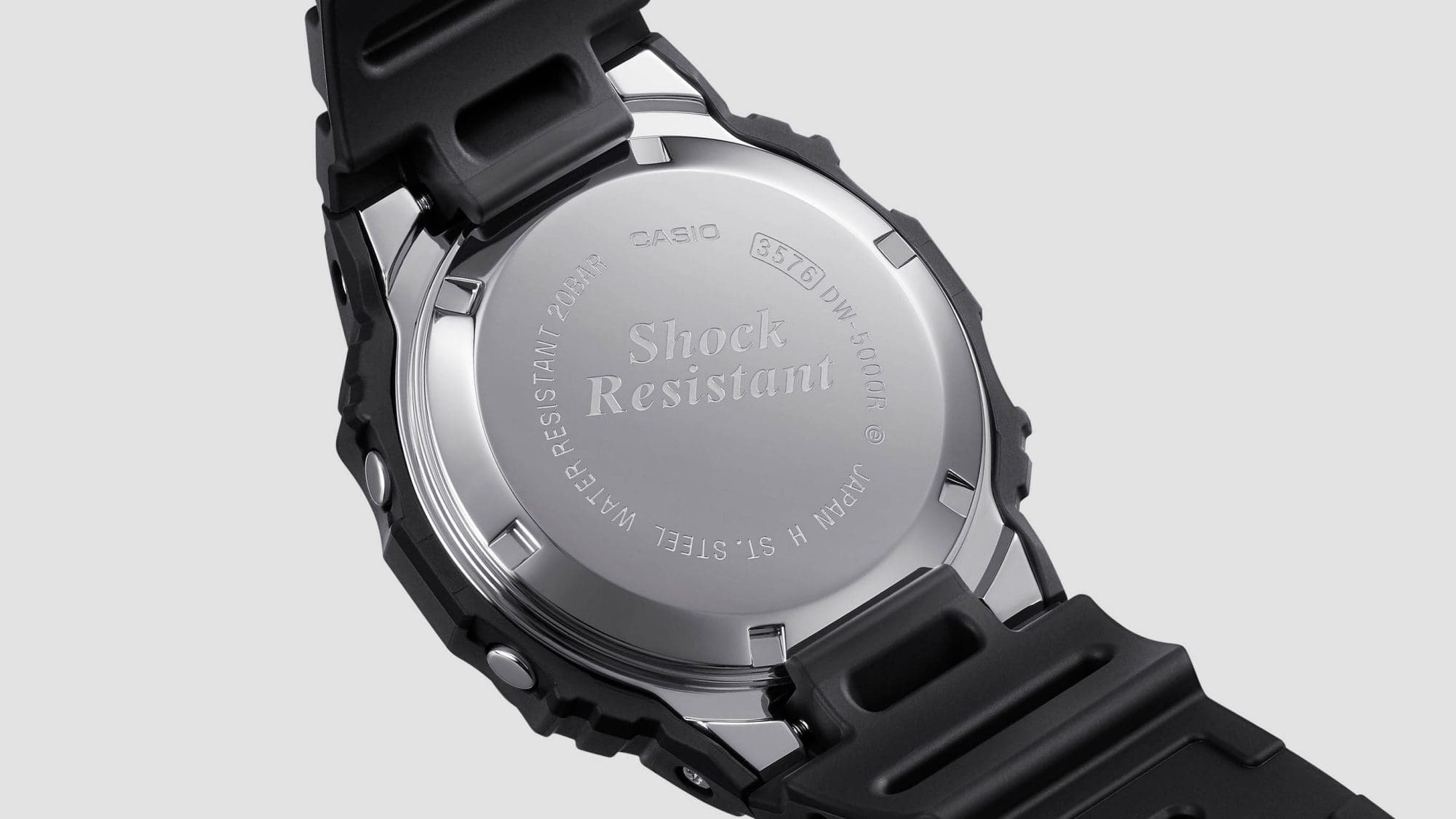 Screw-lock case back with “Shock Resistant” engraving