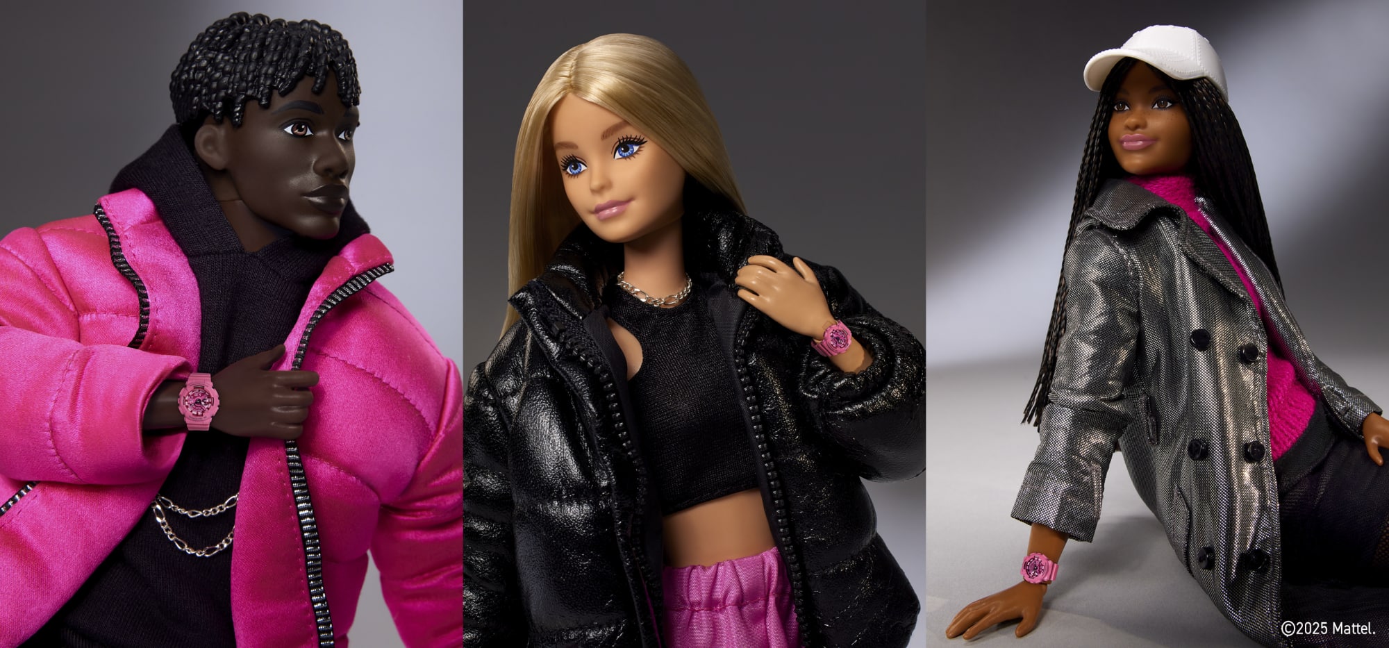 Drei Barbie-Puppen unterschiedlichen Geschlechts und mit unterschiedlicher Hautfarbe jeweils mit einer kleinen G-Shock GMA-S110BE am Handgelenk