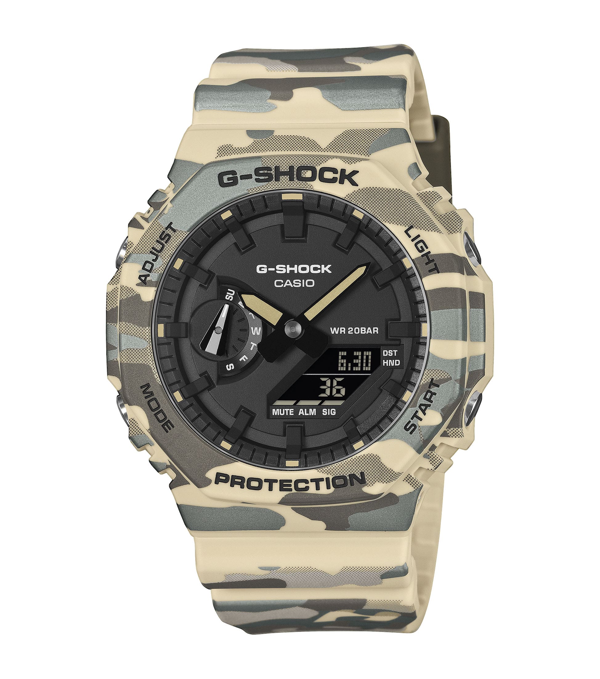 O relógio híbrido G-Shock GA-2100CM-5A com design de camuflagem cinzento-verde-bege