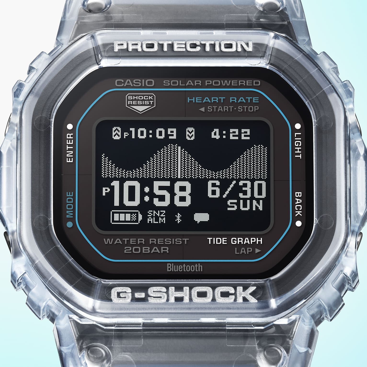Vista frontal do Casio G-Shock GBX-H5600 com caixa totalmente transparente e bracelete azul.