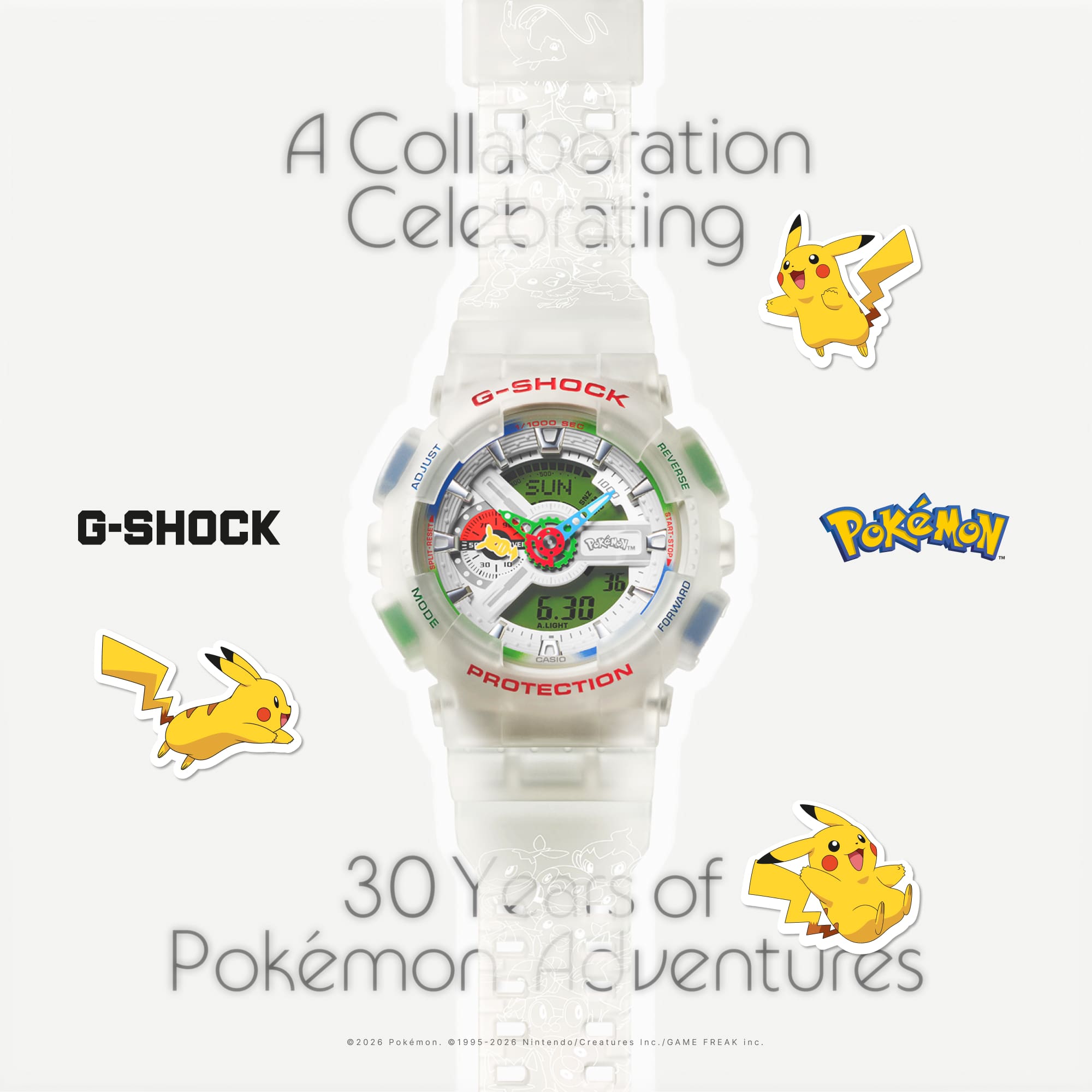 The G-Shock GA-110PKM-7A hybrid watch featuring Pokémon motifs. Pikachu illustrations complement the design, along with the text: “A Collaboration Celebrating” and “30 Years of Pokémon Adventures”
