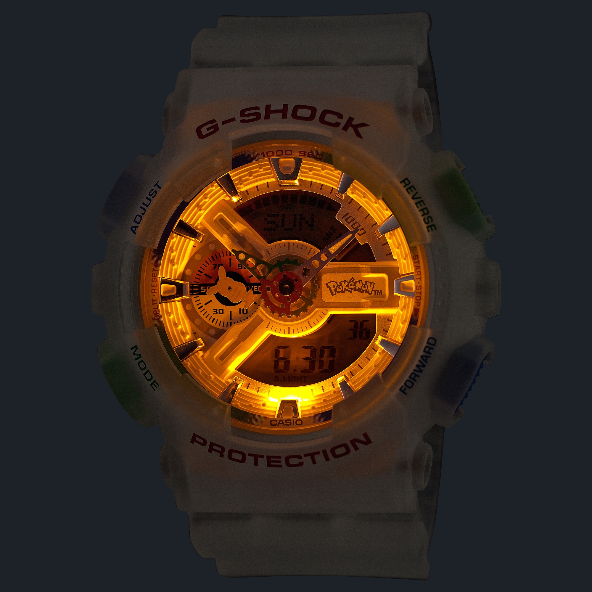 The backlit dial of the Pokémon G-Shock in the dark