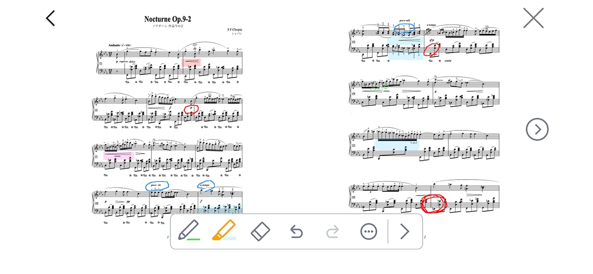 Partitura em ambos os lados com ferramentas de edição para marcar e guardar. 