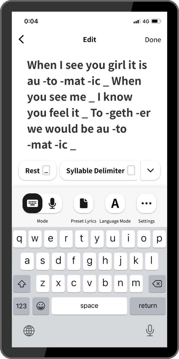 Vista da aplicação Lyric Creator num smartphone