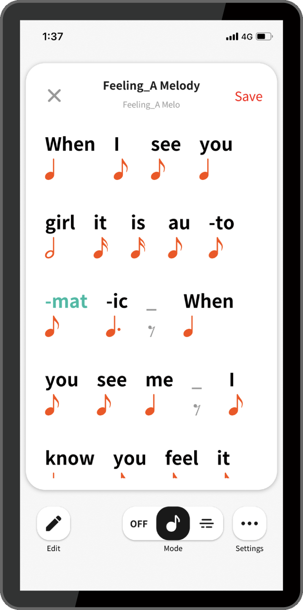 Letras de canções na aplicação “Lyric Creator” em partituras