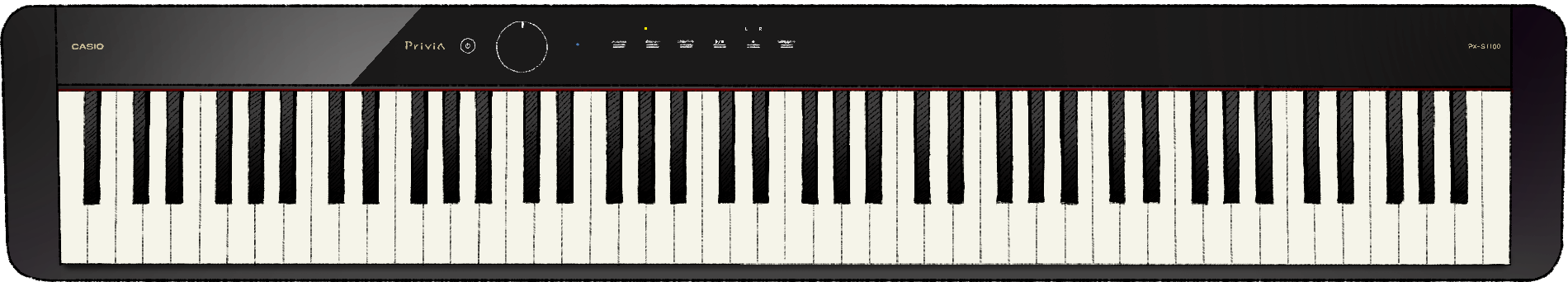 O piano digital Privia PX-S1100BK preto. A imagem tem um link para a página do produto.