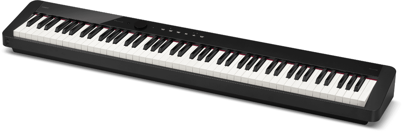 O piano digital Privia PX-S1100BK preto com link para a página do produto.
