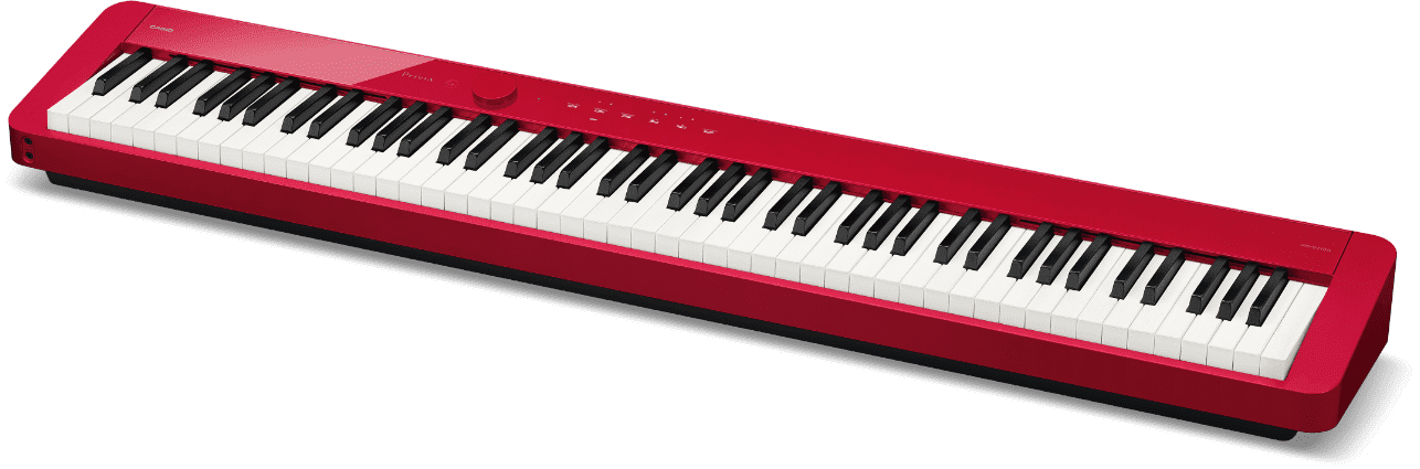 O piano digital Privia PX-S1100RD vermelho com link para a página do produto.
